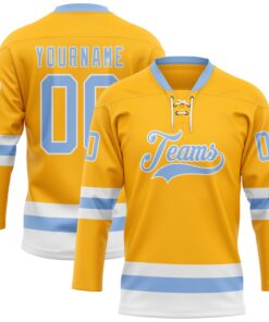 Custom Gold Light Blue-White Hockey Lace Neck Jersey