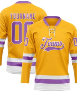 Custom Gold Medium Purple-White Hockey Lace Neck Jersey