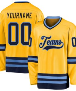 Custom Gold Navy-Light Blue Hockey Jersey