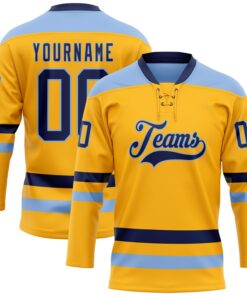 Custom Gold Navy-Light Blue Hockey Lace Neck Jersey