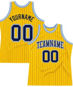 Custom Gold Navy Pinstripe Navy-Light Blue Authentic Basketball Jersey