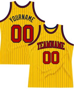 Custom Gold Navy Pinstripe Red Authentic Basketball Jersey