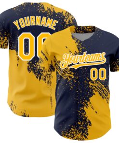 Custom Gold Navy-White 3D Pattern Design Abstract Brush Stroke Authentic Baseball Jersey