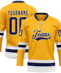 Custom Gold Navy-White Hockey Lace Neck Jersey