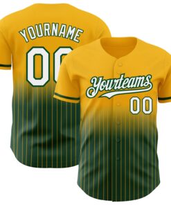 Custom Gold Pinstripe White-Green Authentic Fade Fashion Baseball Jersey