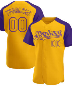Custom Gold Purple Authentic Raglan Sleeves Baseball Jersey