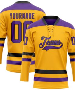 Custom Gold Purple-Black Hockey Lace Neck Jersey