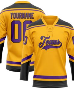 Custom Gold Purple-Black Hockey Lace Neck Jersey