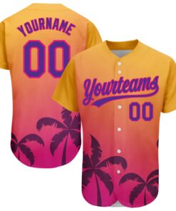 Custom Gold Purple-Hot Pink 3D Pattern Design Hawaii Palm Trees Authentic Baseball Jersey