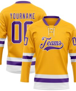 Custom Gold Purple-White Hockey Lace Neck Jersey
