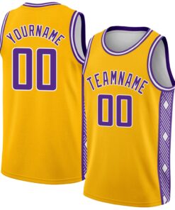 Custom Gold Purple-White Side Panel Abstract Lines Authentic City Edition Basketball Jersey