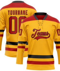 Custom Gold Red-Black Hockey Lace Neck Jersey