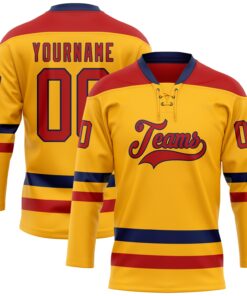 Custom Gold Red-Navy Hockey Lace Neck Jersey
