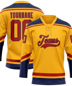 Custom Gold Red-Navy Hockey Lace Neck Jersey