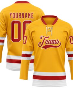 Custom Gold Red-White Hockey Lace Neck Jersey