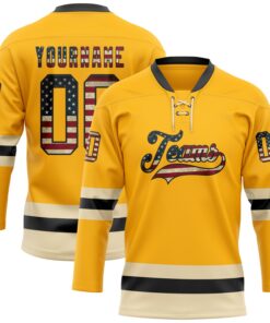 Custom Gold Vintage USA Flag Black-Cream Hockey Lace Neck Jersey