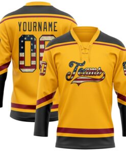Custom Gold Vintage USA Flag Black-Crimson Hockey Lace Neck Jersey