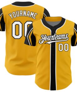 Custom Gold White-Black 3 Colors Arm Shapes Authentic Baseball Jersey