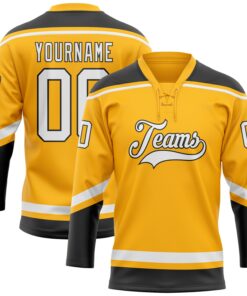Custom Gold White-Black Hockey Lace Neck Jersey