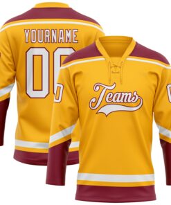 Custom Gold White-Crimson Hockey Lace Neck Jersey