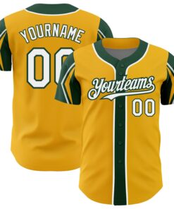 Custom Gold White-Green 3 Colors Arm Shapes Authentic Baseball Jersey
