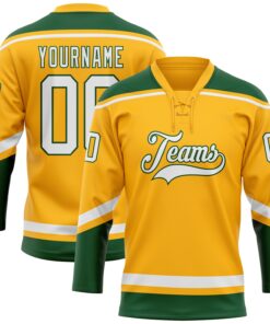 Custom Gold White-Green Hockey Lace Neck Jersey