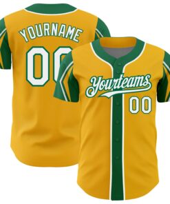 Custom Gold White-Kelly Green 3 Colors Arm Shapes Authentic Baseball Jersey