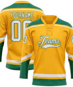 Custom Gold White-Kelly Green Hockey Lace Neck Jersey
