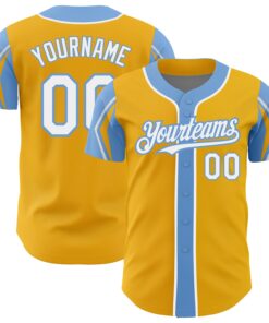 Custom Gold White-Light Blue 3 Colors Arm Shapes Authentic Baseball Jersey