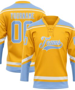 Custom Gold White-Light Blue Hockey Lace Neck Jersey