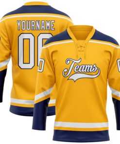Custom Gold White-Navy Hockey Lace Neck Jersey
