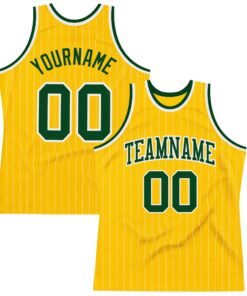Custom Gold White Pinstripe Green Authentic Basketball Jersey