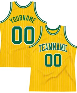 Custom Gold White Pinstripe Kelly Green Authentic Basketball Jersey