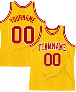Custom Gold White Pinstripe Red Authentic Basketball Jersey