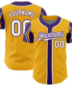 Custom Gold White-Purple 3 Colors Arm Shapes Authentic Baseball Jersey