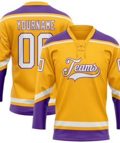 Custom Gold White-Purple Hockey Lace Neck Jersey