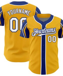 Custom Gold White-Royal 3 Colors Arm Shapes Authentic Baseball Jersey