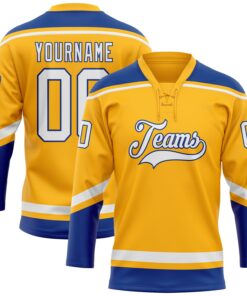 Custom Gold White-Royal Hockey Lace Neck Jersey