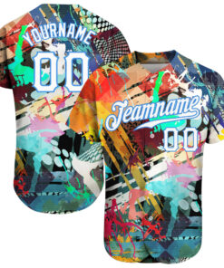 Custom Graffiti Colored Abstract Pattern White-Light Blue 3D Authentic Baseball Jersey