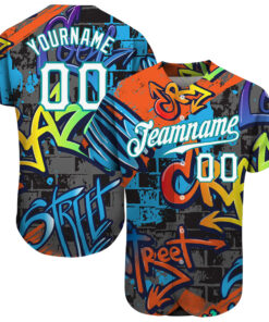 Custom Graffiti Geometric Pattern White-Teal 3D Authentic Baseball Jersey