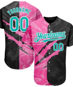 Custom Graffiti Pattern Aqua Black-Pink 3D Scratch Authentic Baseball Jersey