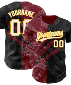 Custom Graffiti Pattern Black Crimson-Gold 3D Scratch Authentic Baseball Jersey