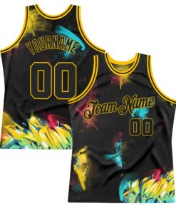 Custom Graffiti Pattern Black-Gold 3D Authentic Basketball Jersey