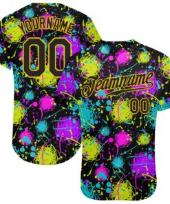 Custom Graffiti Pattern Black-Gold 3D Neon Splatter Authentic Baseball Jersey