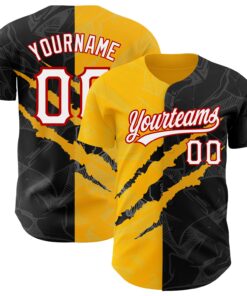 Custom Graffiti Pattern Black Gold-Red 3D Scratch Authentic Baseball Jersey