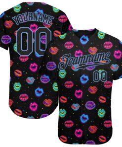 Custom Graffiti Pattern Black-Light Blue 3D Dots And Kiss Lips Authentic Baseball Jersey