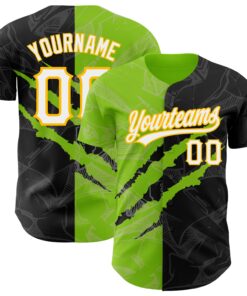 Custom Graffiti Pattern Black Neon Green-Gold 3D Scratch Authentic Baseball Jersey