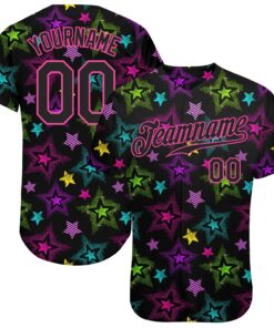 Custom Graffiti Pattern Black-Pink 3D Creative Colorful Stars Authentic Baseball Jersey