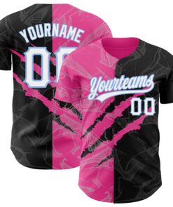 Custom Graffiti Pattern Black Pink-Light Blue 3D Scratch Authentic Baseball Jersey