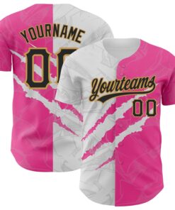 Custom Graffiti Pattern Black Pink-Old Gold 3D Scratch Authentic Baseball Jersey